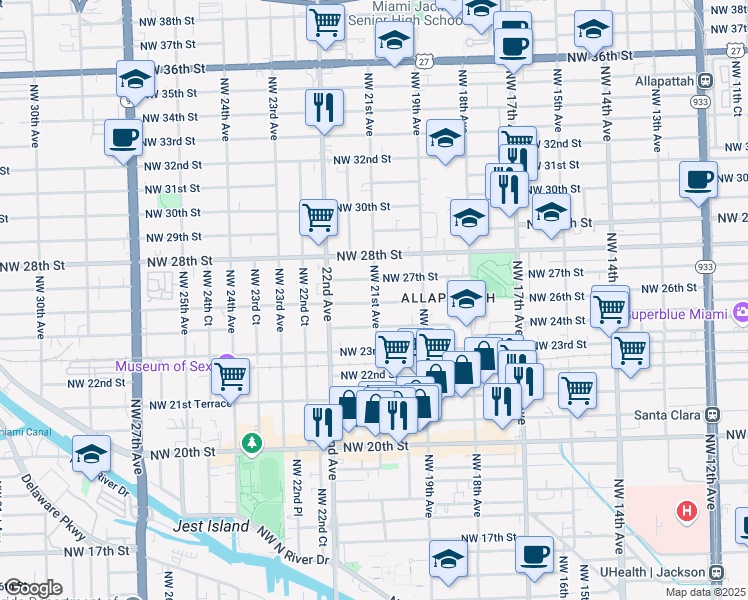 map of restaurants, bars, coffee shops, grocery stores, and more near 2030 Northwest 26th Street in Miami