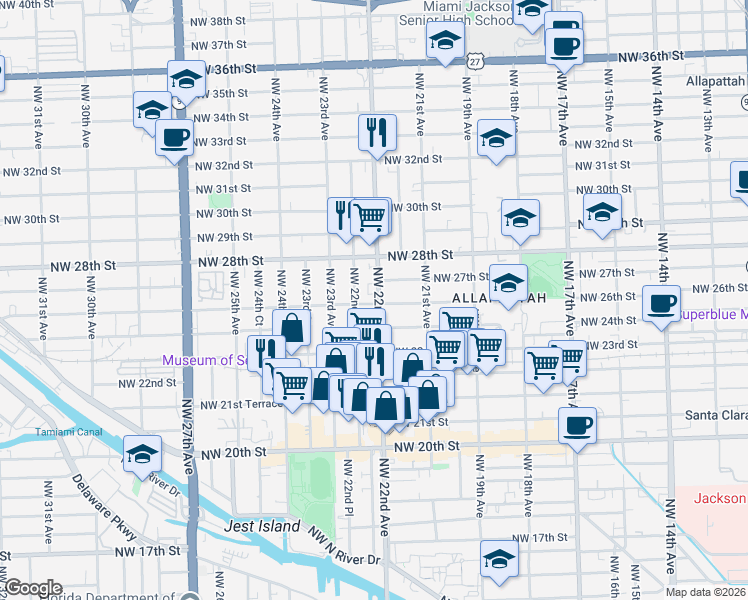 map of restaurants, bars, coffee shops, grocery stores, and more near 2600 Northwest 22nd Avenue in Miami