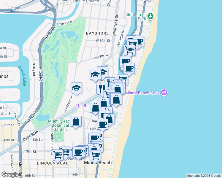 map of restaurants, bars, coffee shops, grocery stores, and more near 2383 Flamingo Drive in Miami Beach