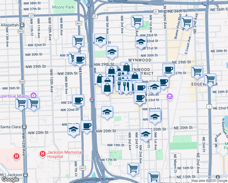 map of restaurants, bars, coffee shops, grocery stores, and more near 382 Northwest 24th Street in Miami