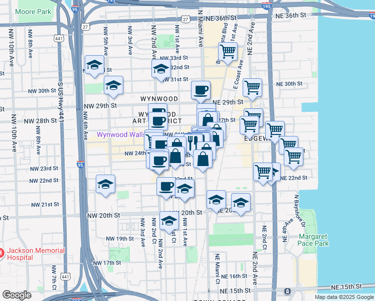 map of restaurants, bars, coffee shops, grocery stores, and more near 70 Northwest 25th Street in Miami