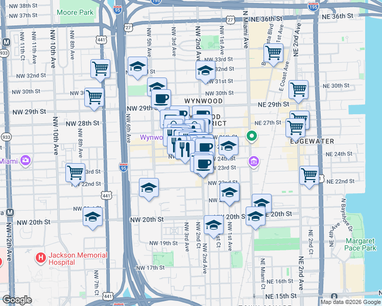 map of restaurants, bars, coffee shops, grocery stores, and more near 308 Northwest 24th Street in Miami