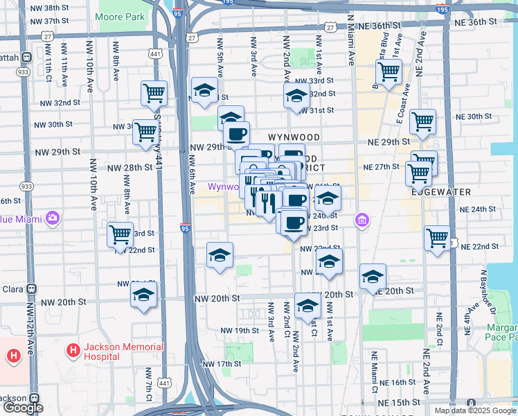 map of restaurants, bars, coffee shops, grocery stores, and more near 308 Northwest 24th Street in Miami