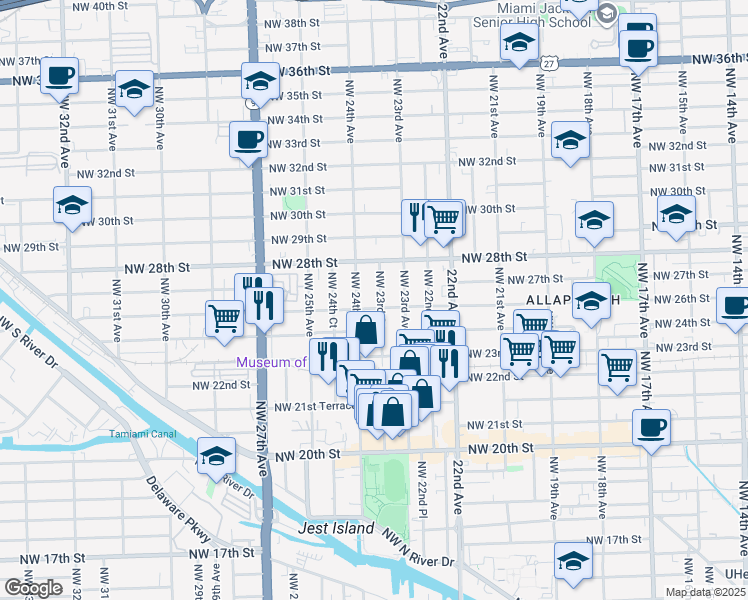 map of restaurants, bars, coffee shops, grocery stores, and more near 2510 Northwest 23rd Court in Miami