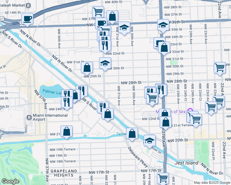 map of restaurants, bars, coffee shops, grocery stores, and more near 3145 Northwest 26th Street in Miami