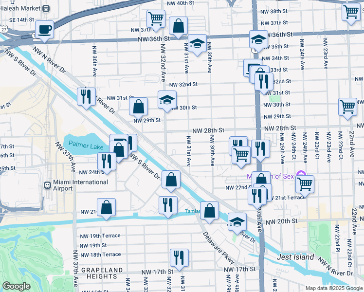 map of restaurants, bars, coffee shops, grocery stores, and more near 3145 Northwest 26th Street in Miami