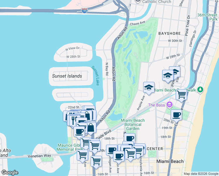 map of restaurants, bars, coffee shops, grocery stores, and more near 2173 North Bay Road in Miami Beach