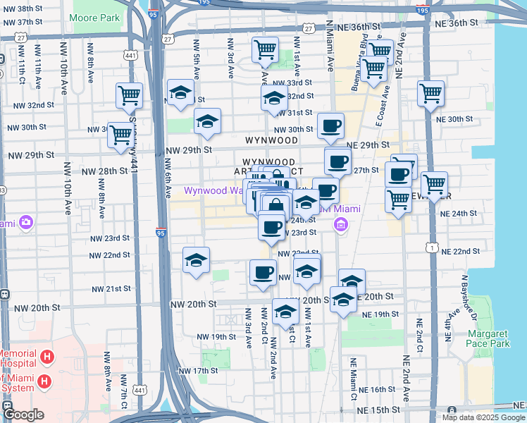 map of restaurants, bars, coffee shops, grocery stores, and more near 2405 Northwest 2nd Avenue in Miami