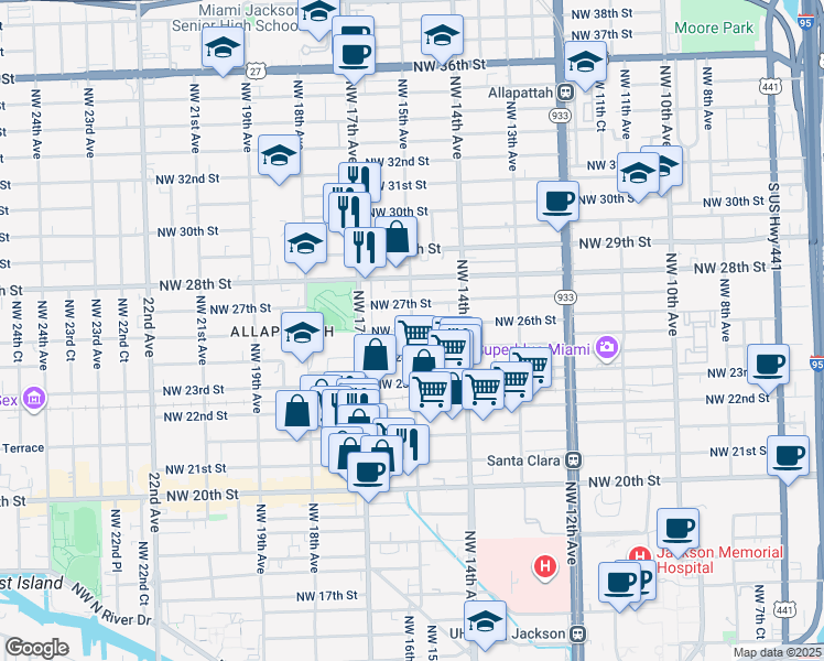 map of restaurants, bars, coffee shops, grocery stores, and more near NW 15th Ave & NW 26th St in Miami