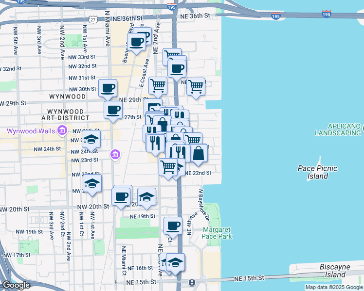 map of restaurants, bars, coffee shops, grocery stores, and more near 350 Northeast 24th Street in Miami