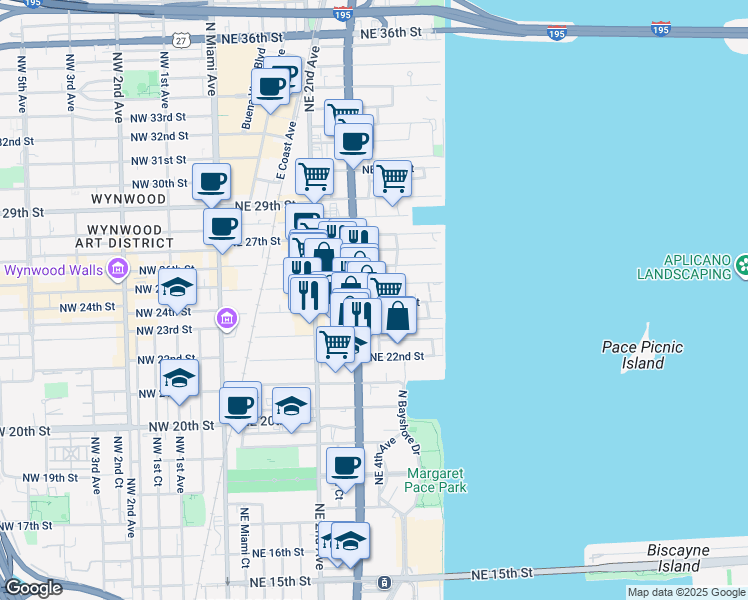 map of restaurants, bars, coffee shops, grocery stores, and more near 350 Northeast 24th Street in Miami