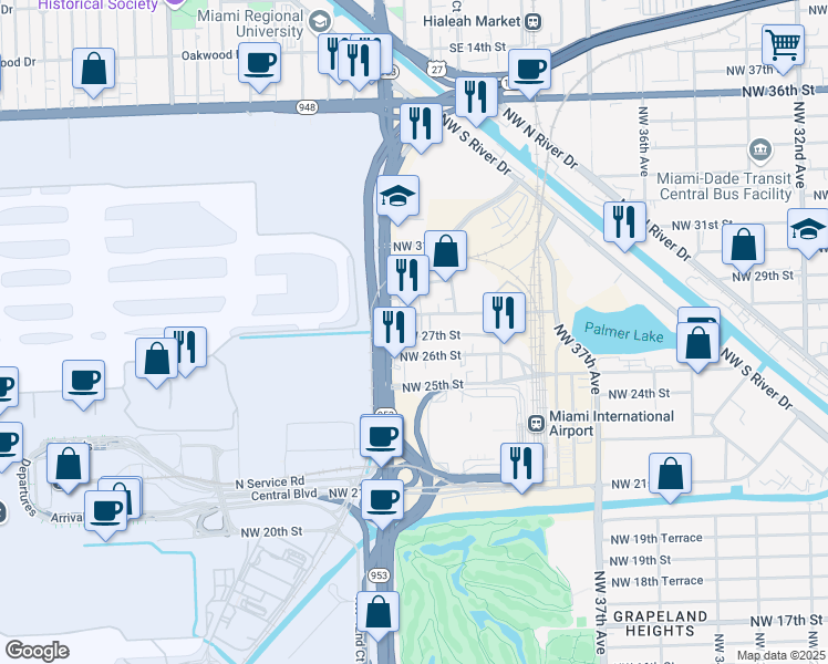 map of restaurants, bars, coffee shops, grocery stores, and more near 4111 NW 27th St in Miami