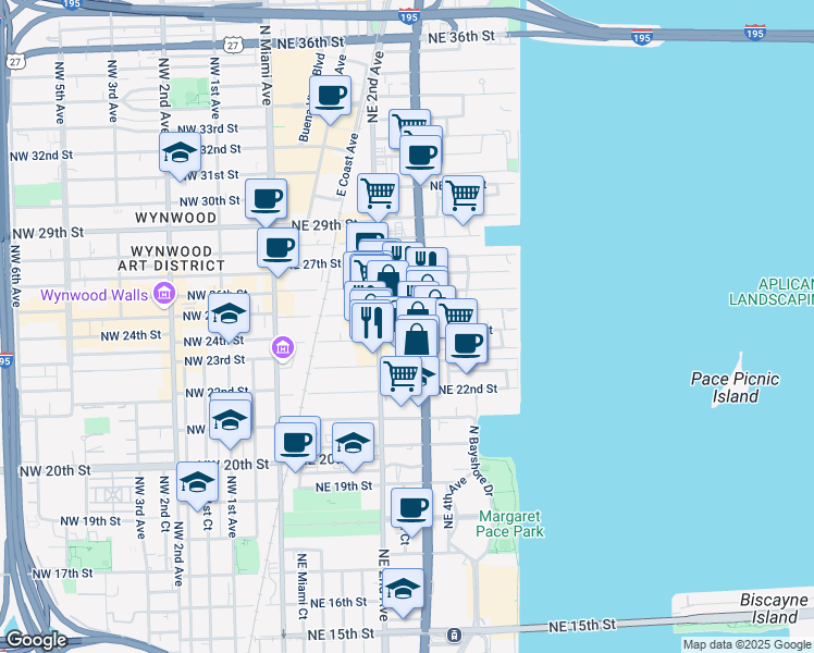 map of restaurants, bars, coffee shops, grocery stores, and more near 212 Northeast 24th Street in Miami