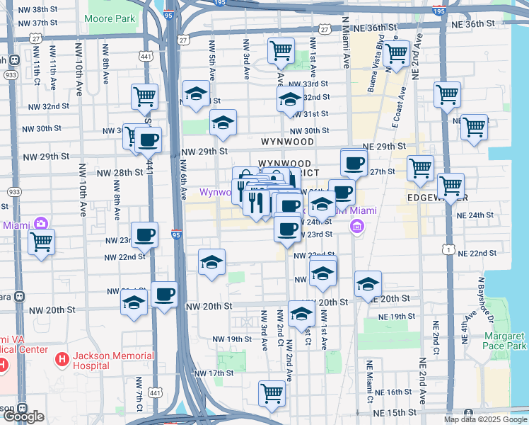 map of restaurants, bars, coffee shops, grocery stores, and more near 308 Northwest 24th Street in Miami