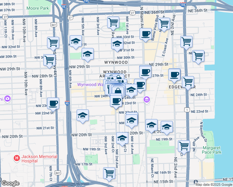 map of restaurants, bars, coffee shops, grocery stores, and more near 176 Northwest 24th Street in Miami