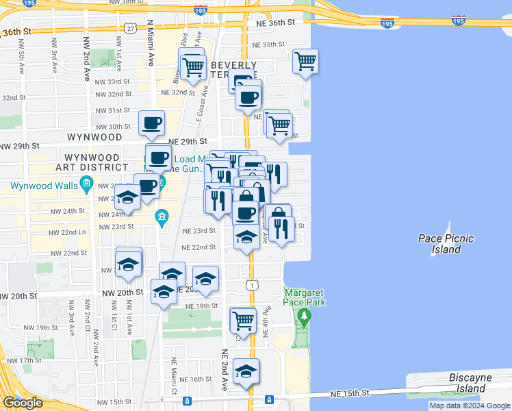 map of restaurants, bars, coffee shops, grocery stores, and more near 350 Northeast 24th Street in Miami