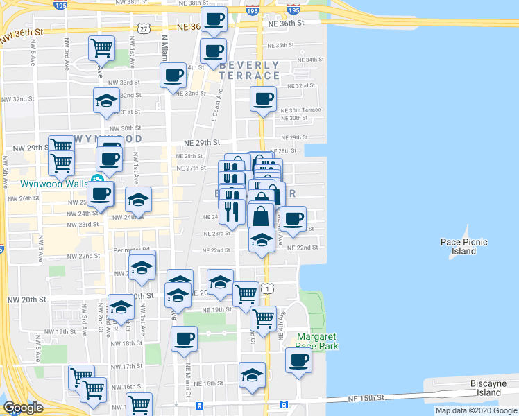 map of restaurants, bars, coffee shops, grocery stores, and more near 212 Northeast 24th Street in Miami