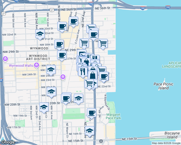map of restaurants, bars, coffee shops, grocery stores, and more near 212 Northeast 24th Street in Miami