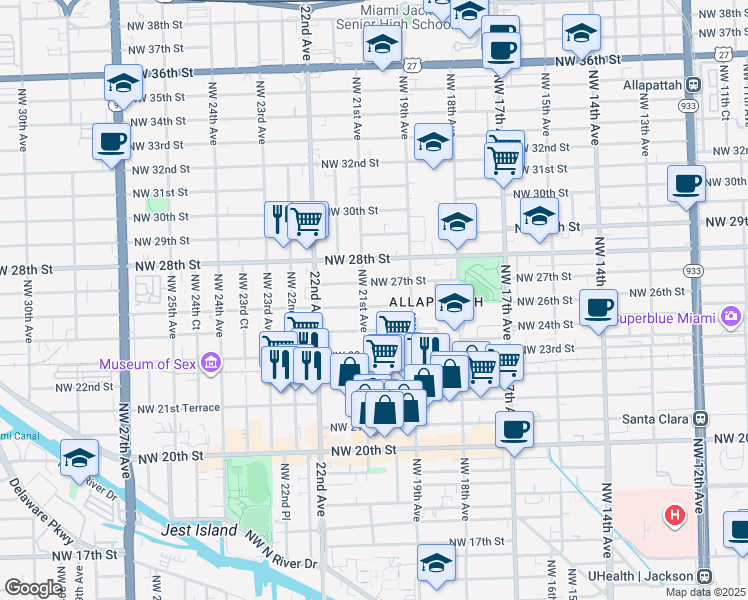 map of restaurants, bars, coffee shops, grocery stores, and more near 2030 Northwest 26th Street in Miami