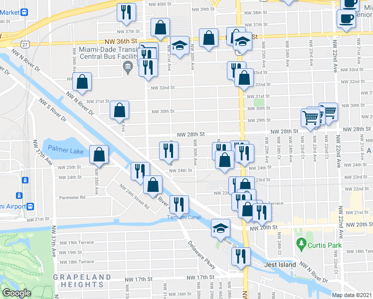 map of restaurants, bars, coffee shops, grocery stores, and more near 3069 Northwest 26th Street in Miami