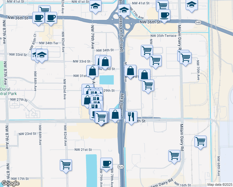 map of restaurants, bars, coffee shops, grocery stores, and more near 7800 NW 29th St in Miami