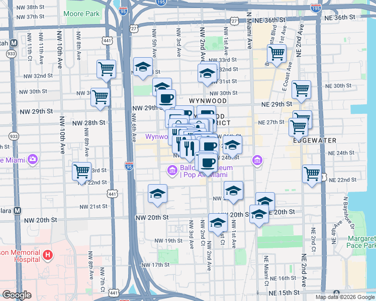 map of restaurants, bars, coffee shops, grocery stores, and more near 258 Northwest 25th Street in Miami