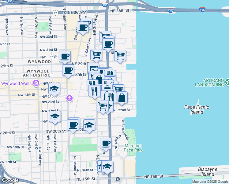 map of restaurants, bars, coffee shops, grocery stores, and more near 350 Northeast 24th Street in Miami