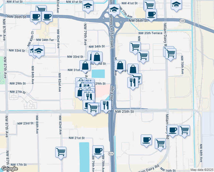 map of restaurants, bars, coffee shops, grocery stores, and more near 7800 Northwest 29th Street in Miami