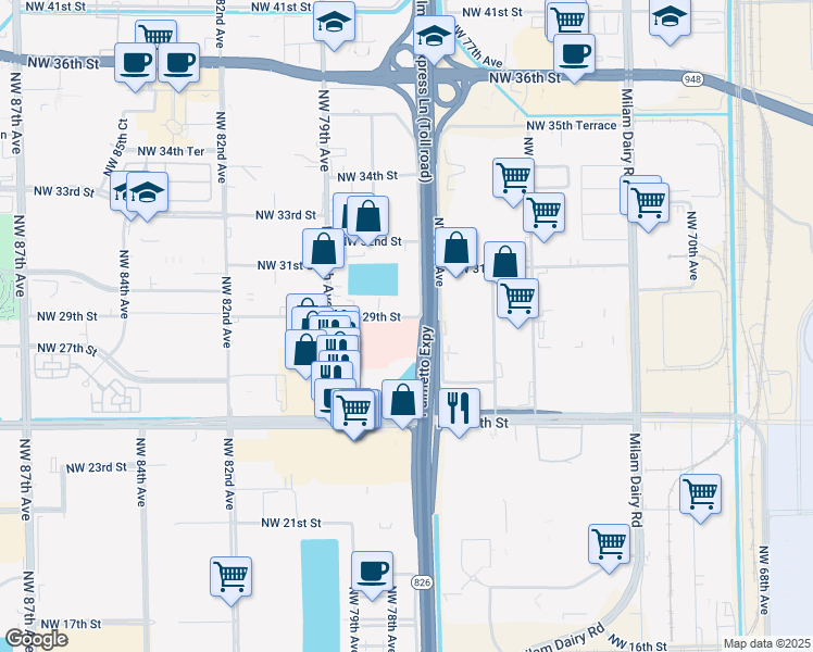 map of restaurants, bars, coffee shops, grocery stores, and more near 7800 Northwest 29th Street in Miami