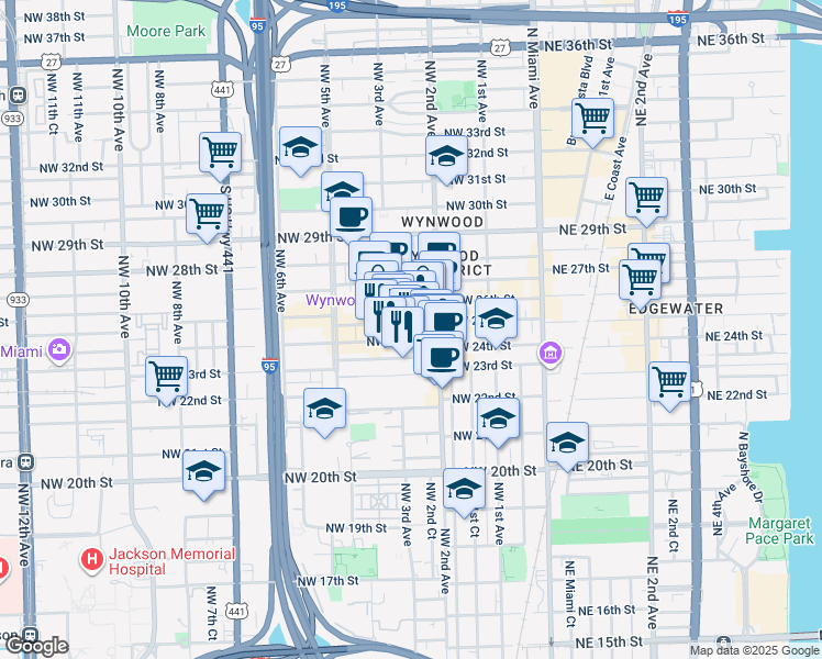 map of restaurants, bars, coffee shops, grocery stores, and more near 240 Northwest 25th Street in Miami
