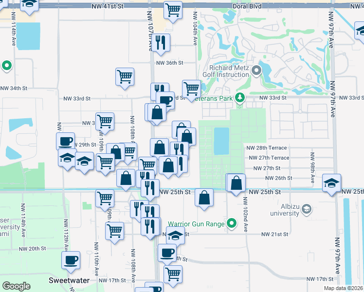 map of restaurants, bars, coffee shops, grocery stores, and more near 10485 Northwest 28th Street in Doral