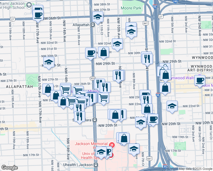 map of restaurants, bars, coffee shops, grocery stores, and more near 1144 Northwest 25th Street in Miami