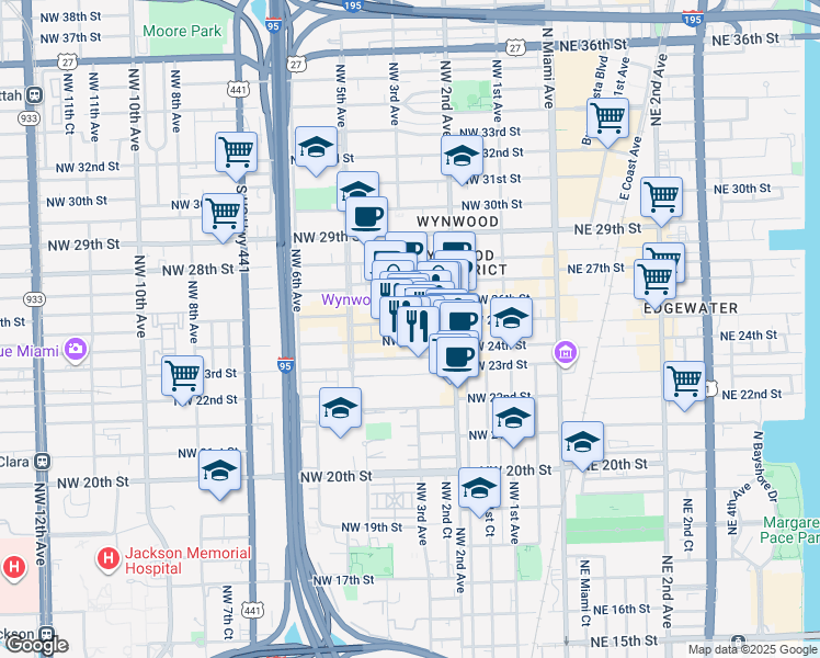 map of restaurants, bars, coffee shops, grocery stores, and more near 308 Northwest 24th Street in Miami