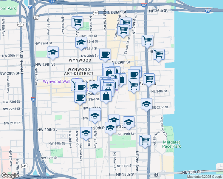 map of restaurants, bars, coffee shops, grocery stores, and more near 2405 North Miami Avenue in Miami