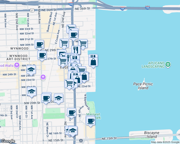 map of restaurants, bars, coffee shops, grocery stores, and more near 2336-2342 Northeast 6th Avenue in Miami