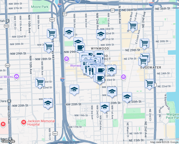 map of restaurants, bars, coffee shops, grocery stores, and more near 308 Northwest 24th Street in Miami