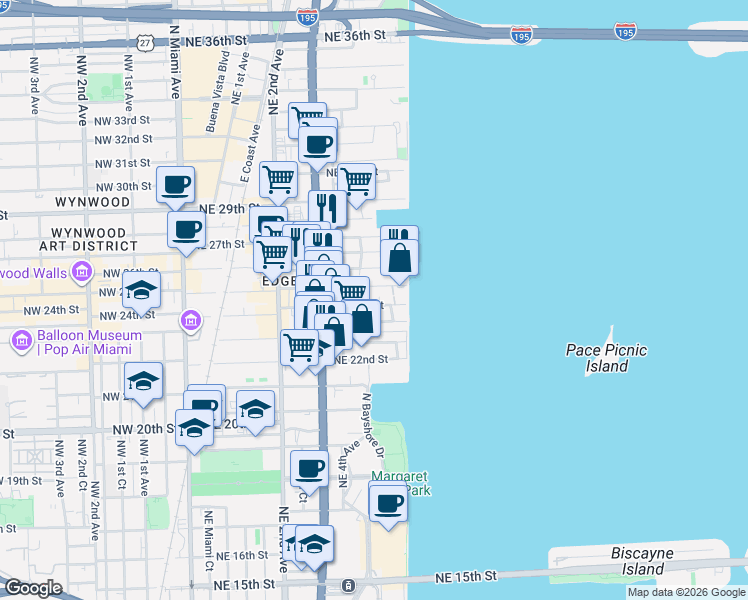 map of restaurants, bars, coffee shops, grocery stores, and more near 457 Northeast 24th Street in Miami