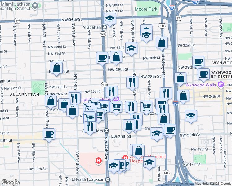 map of restaurants, bars, coffee shops, grocery stores, and more near 1144 Northwest 25th Street in Miami