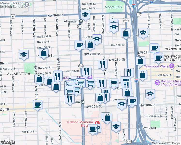 map of restaurants, bars, coffee shops, grocery stores, and more near 1121 Northwest 25th Street in Miami