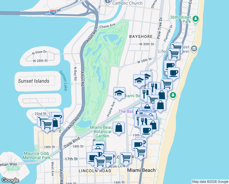 map of restaurants, bars, coffee shops, grocery stores, and more near 2225 Meridian Avenue in Miami Beach