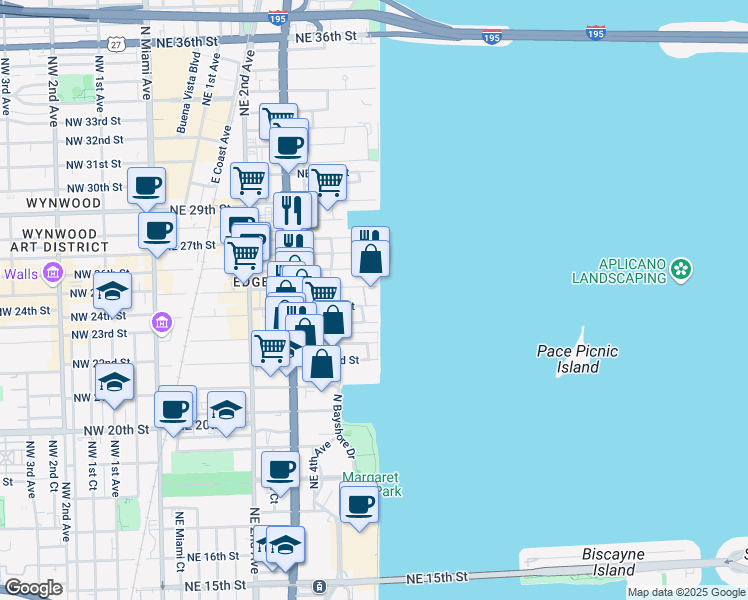 map of restaurants, bars, coffee shops, grocery stores, and more near 708 Northeast 24th Street in Miami