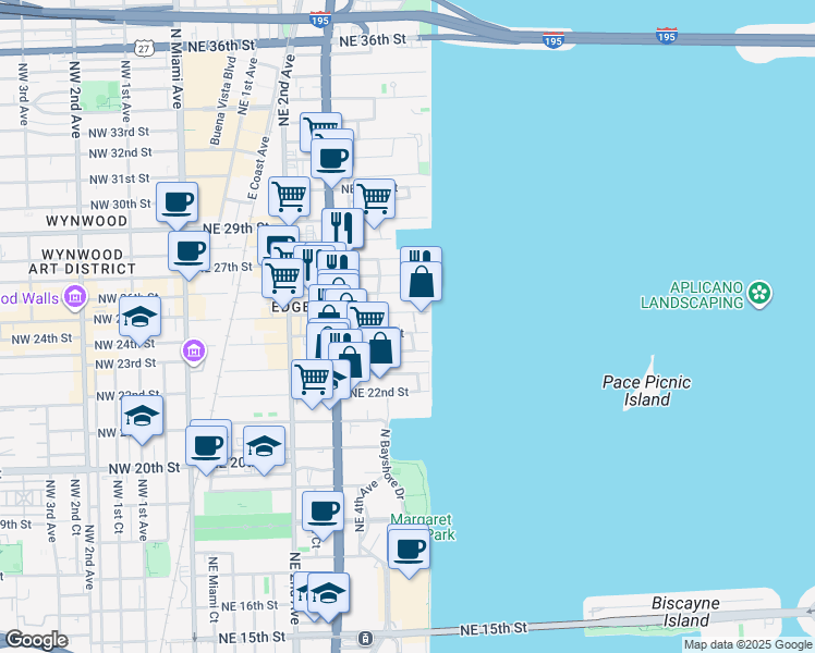 map of restaurants, bars, coffee shops, grocery stores, and more near 2336-2342 Northeast 6th Avenue in Miami