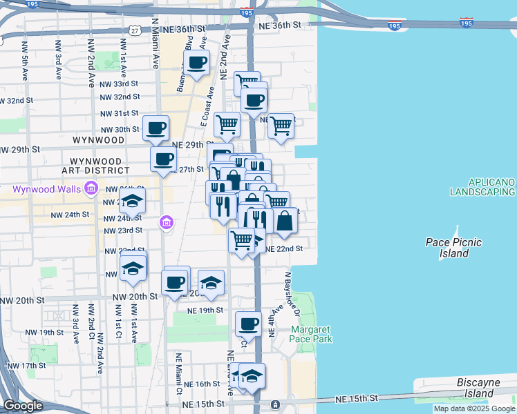 map of restaurants, bars, coffee shops, grocery stores, and more near 350 Northeast 24th Street in Miami