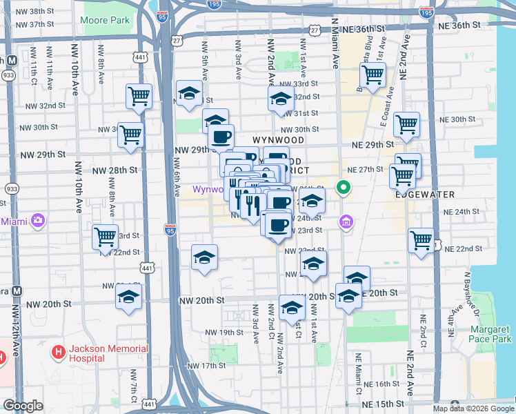 map of restaurants, bars, coffee shops, grocery stores, and more near 308 Northwest 24th Street in Miami