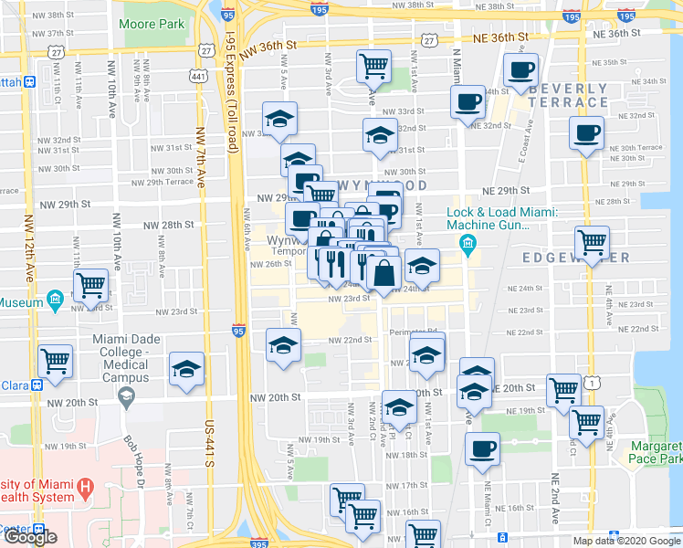 map of restaurants, bars, coffee shops, grocery stores, and more near 308 Northwest 24th Street in Miami