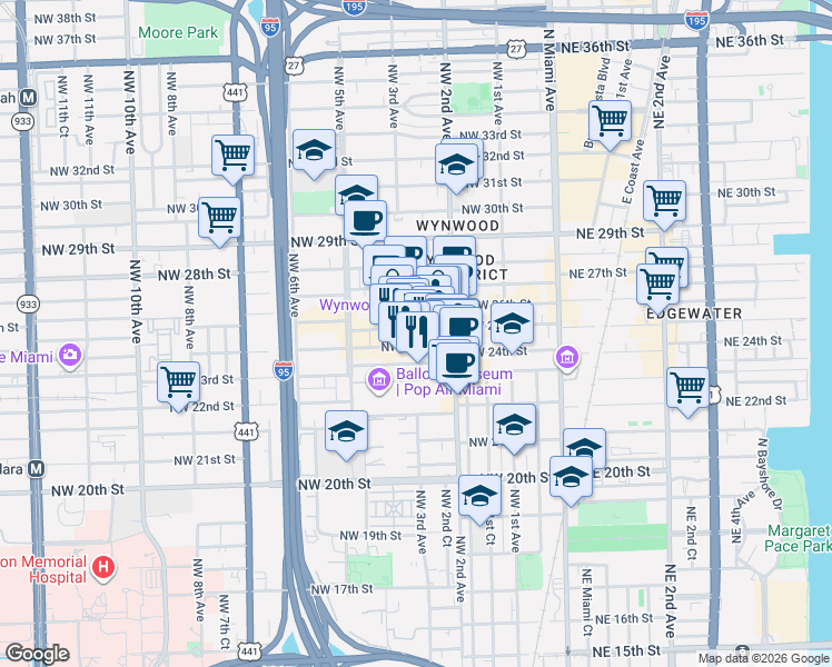 map of restaurants, bars, coffee shops, grocery stores, and more near 258 Northwest 25th Street in Miami