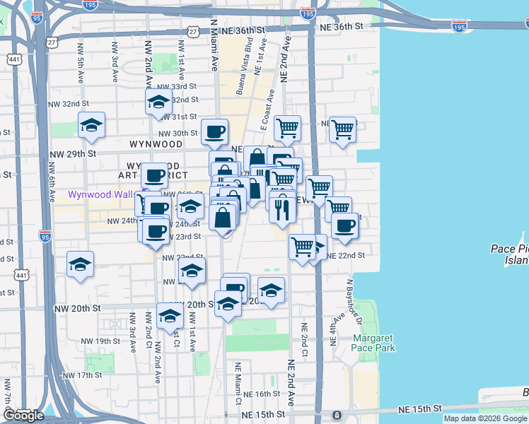 map of restaurants, bars, coffee shops, grocery stores, and more near 101 Northeast 24th Street in Miami