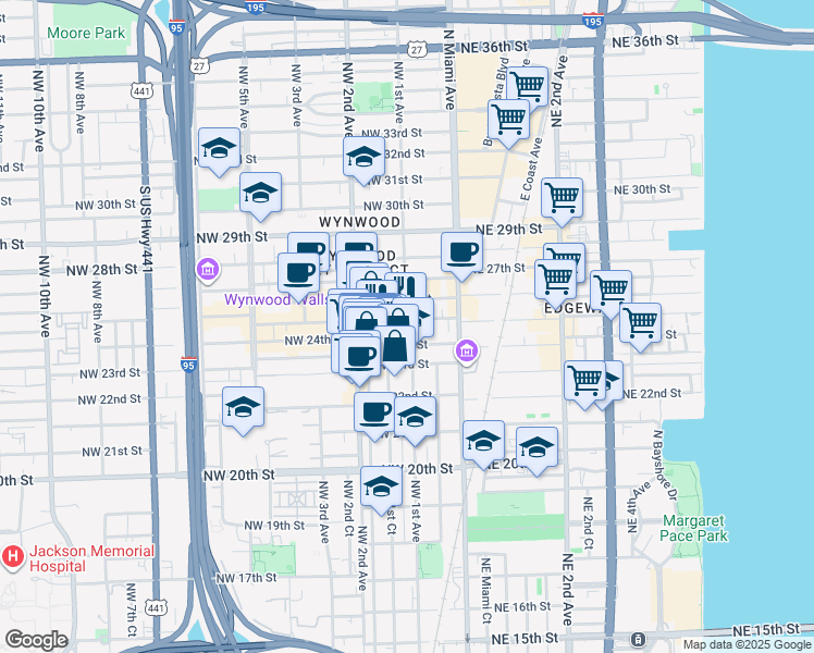 map of restaurants, bars, coffee shops, grocery stores, and more near 119 Northwest 24th Street in Miami