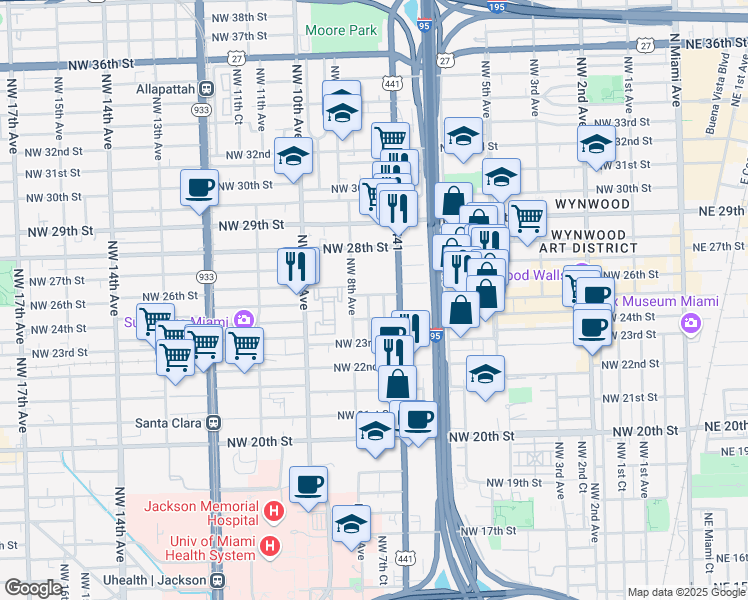 map of restaurants, bars, coffee shops, grocery stores, and more near 2400 Northwest 7th Court in Miami