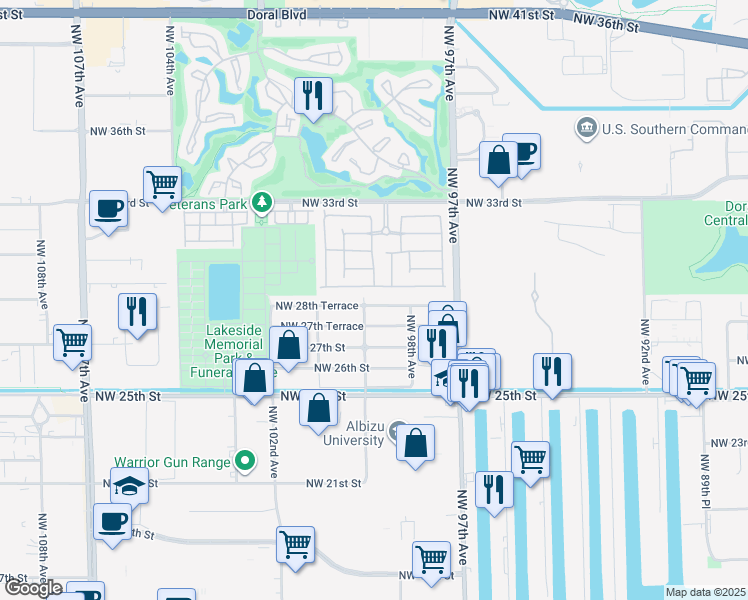 map of restaurants, bars, coffee shops, grocery stores, and more near 9870 Northwest 28th Terrace in Doral